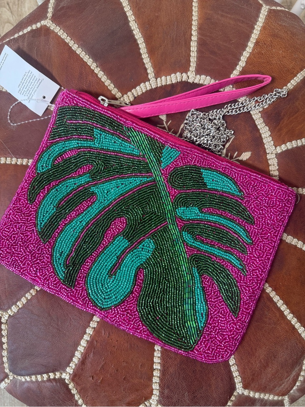 Beaded Tropical Leaf Wristlet Clutch - Pink & Green